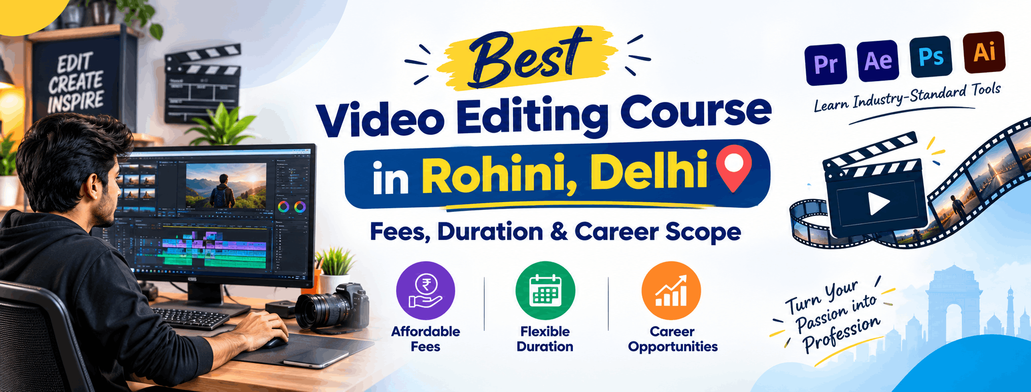 Student learning video editing course in Rohini Delhi on computer