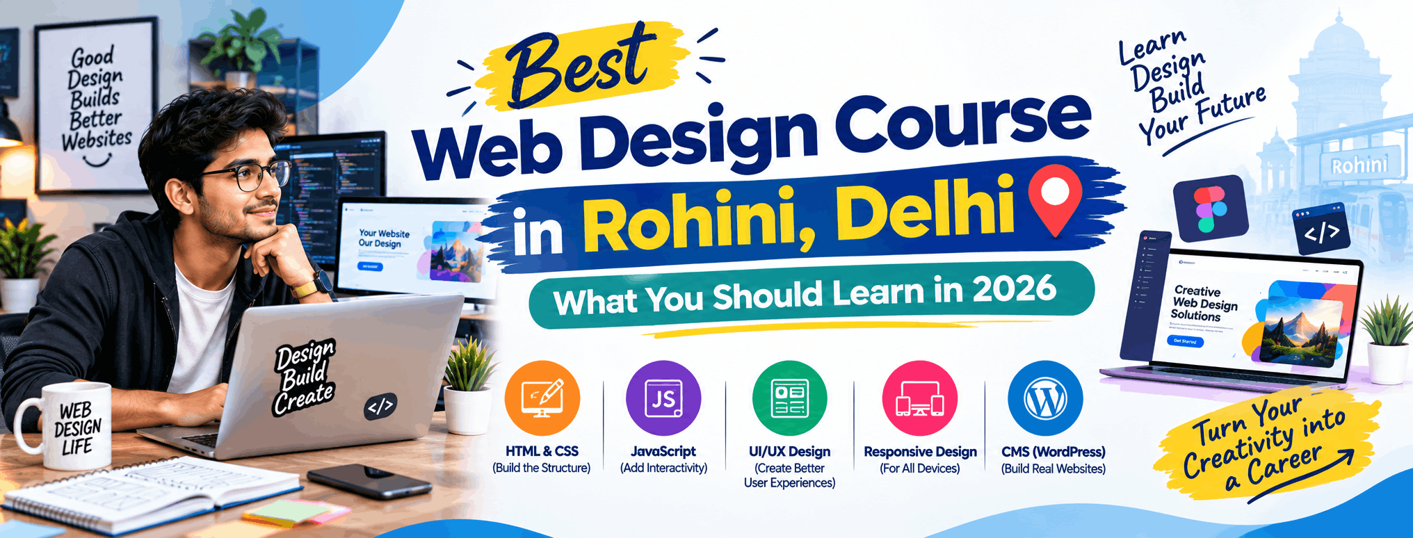 Students learning web design course in Rohini Delhi on computers