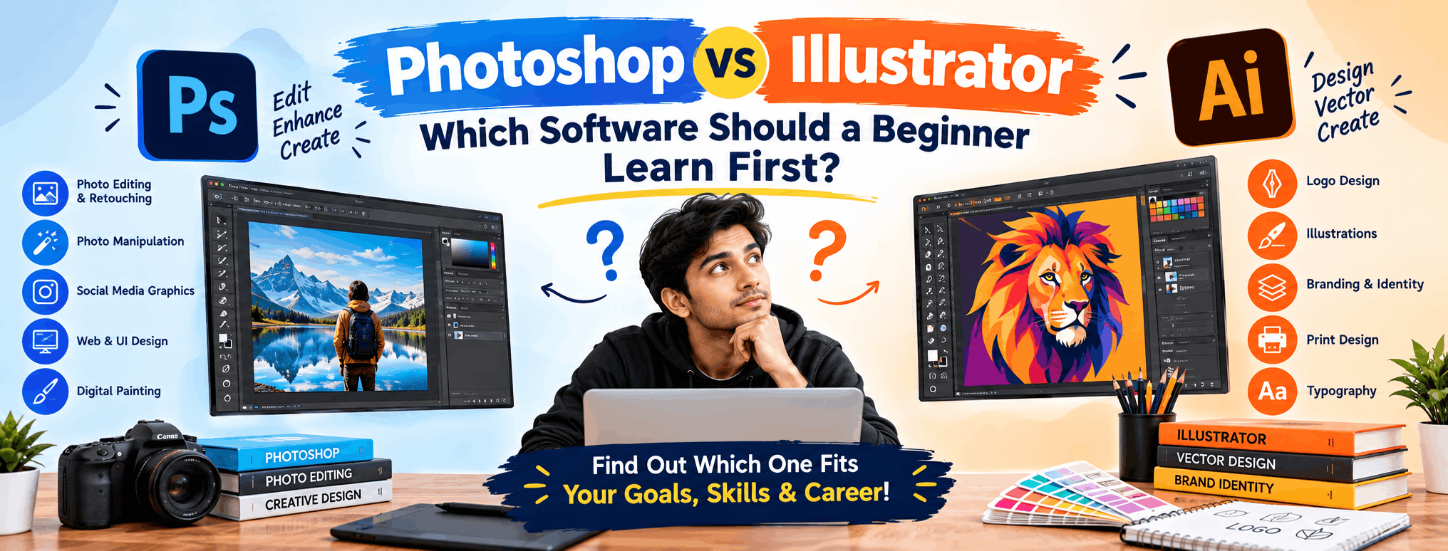 Split screen comparison of Adobe Photoshop and Illustrator interfaces for beginners