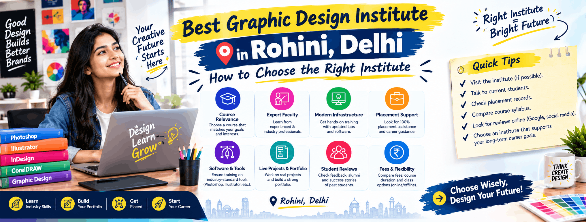 Students learning graphic design software at an institute in Rohini, Delhi