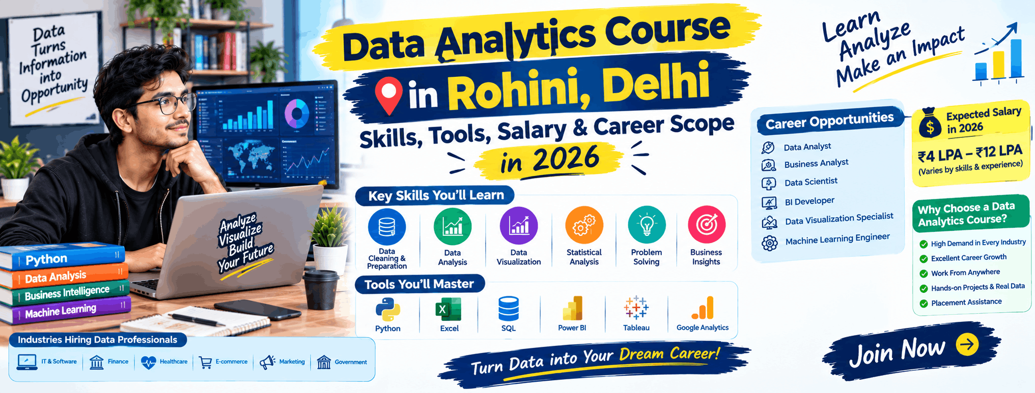 Data analytics course in Rohini Delhi showing tools, skills and career scope for 2026