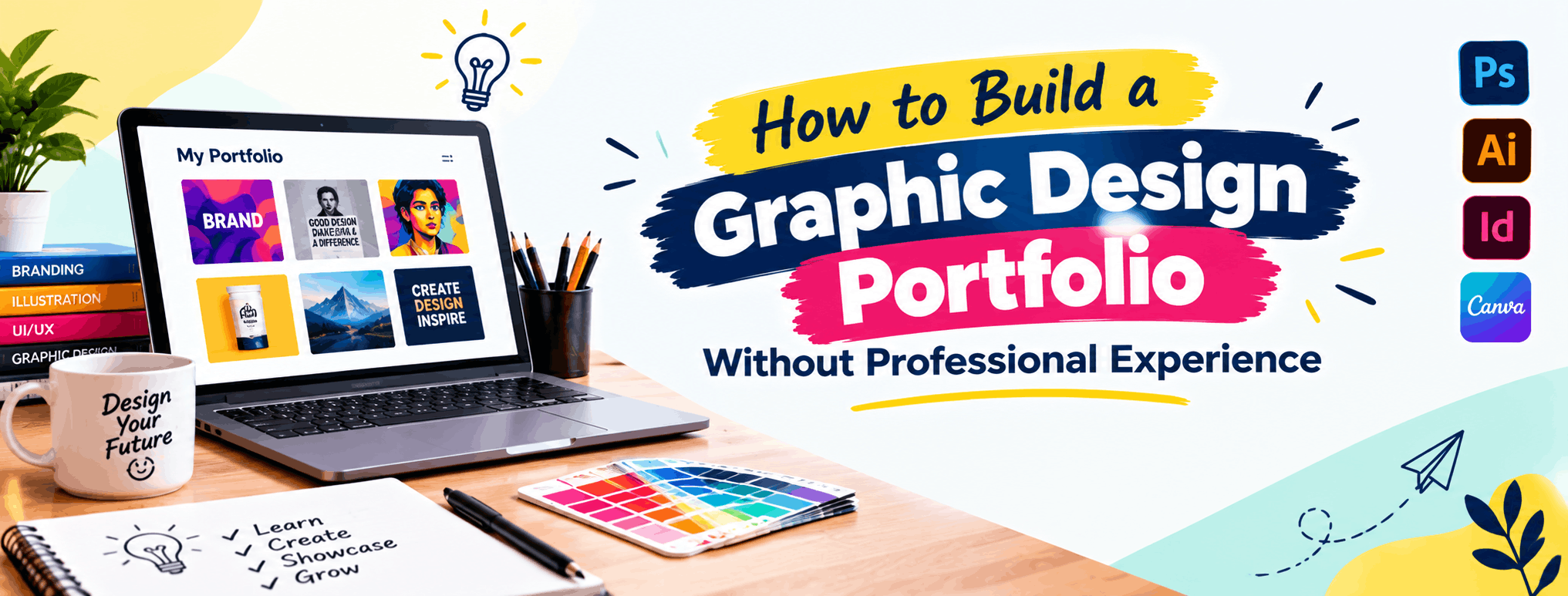 Student arranging graphic design portfolio samples on a laptop screen